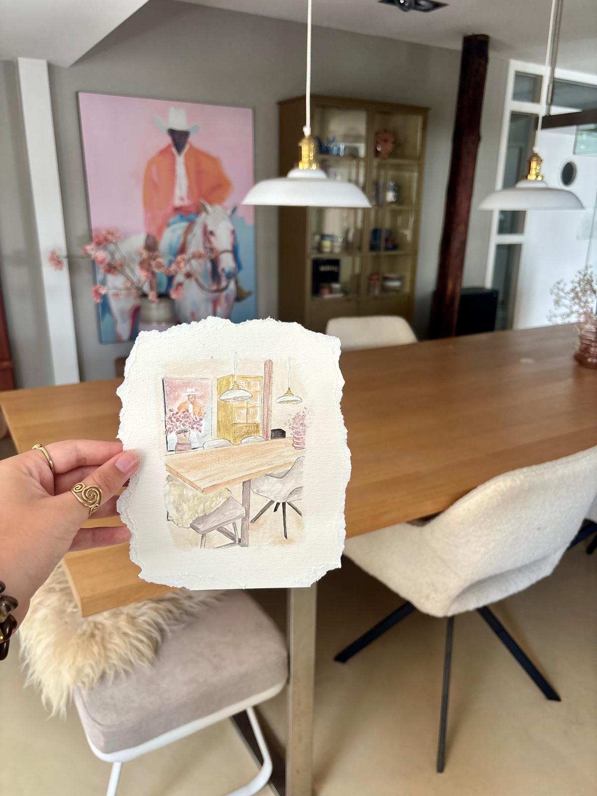 Handgeschilderde interieurschets voor een eetkamer